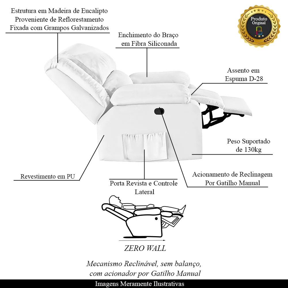 Poltrona do Papai Reclinável Melim Zero Wall PU Branco FH1 - D'Rossi