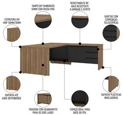 Mesa para Escritório em L 180x190cm Tamburato Corp A06 Nogal/Preto - M