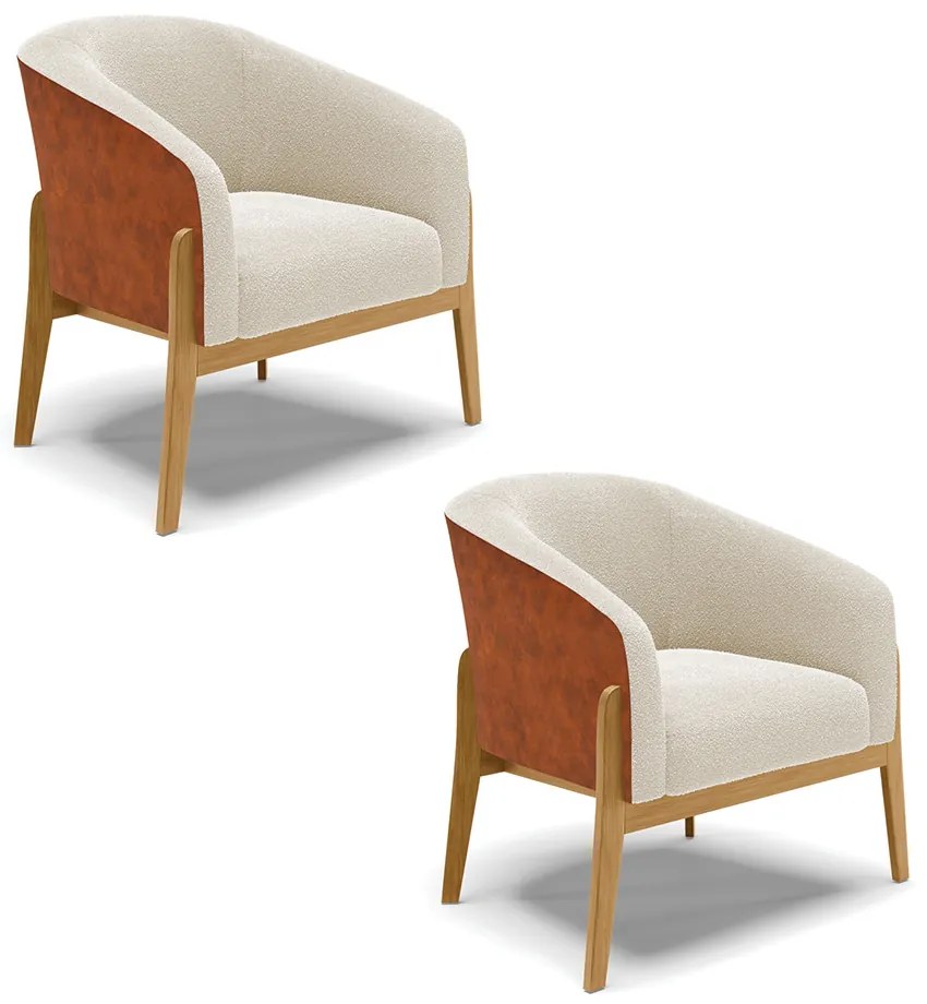 Poltrona Decorativa Base Madeira Kit 2 Stella PU Nozes/Bouclê D03 - D'Rossi - Bege