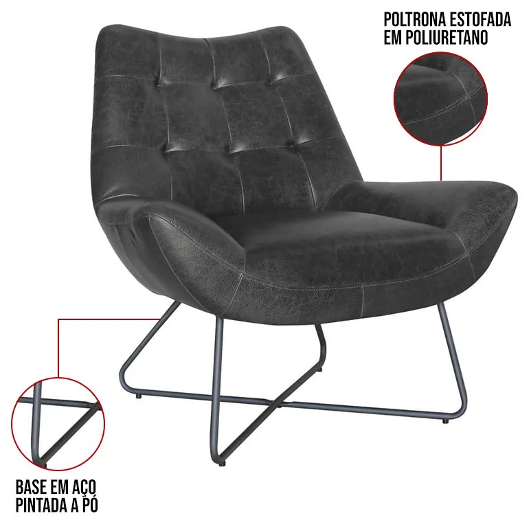 Poltrona Logan Couro Sintético Base X Metálica Industrial Preto - D'Rossi - Preto