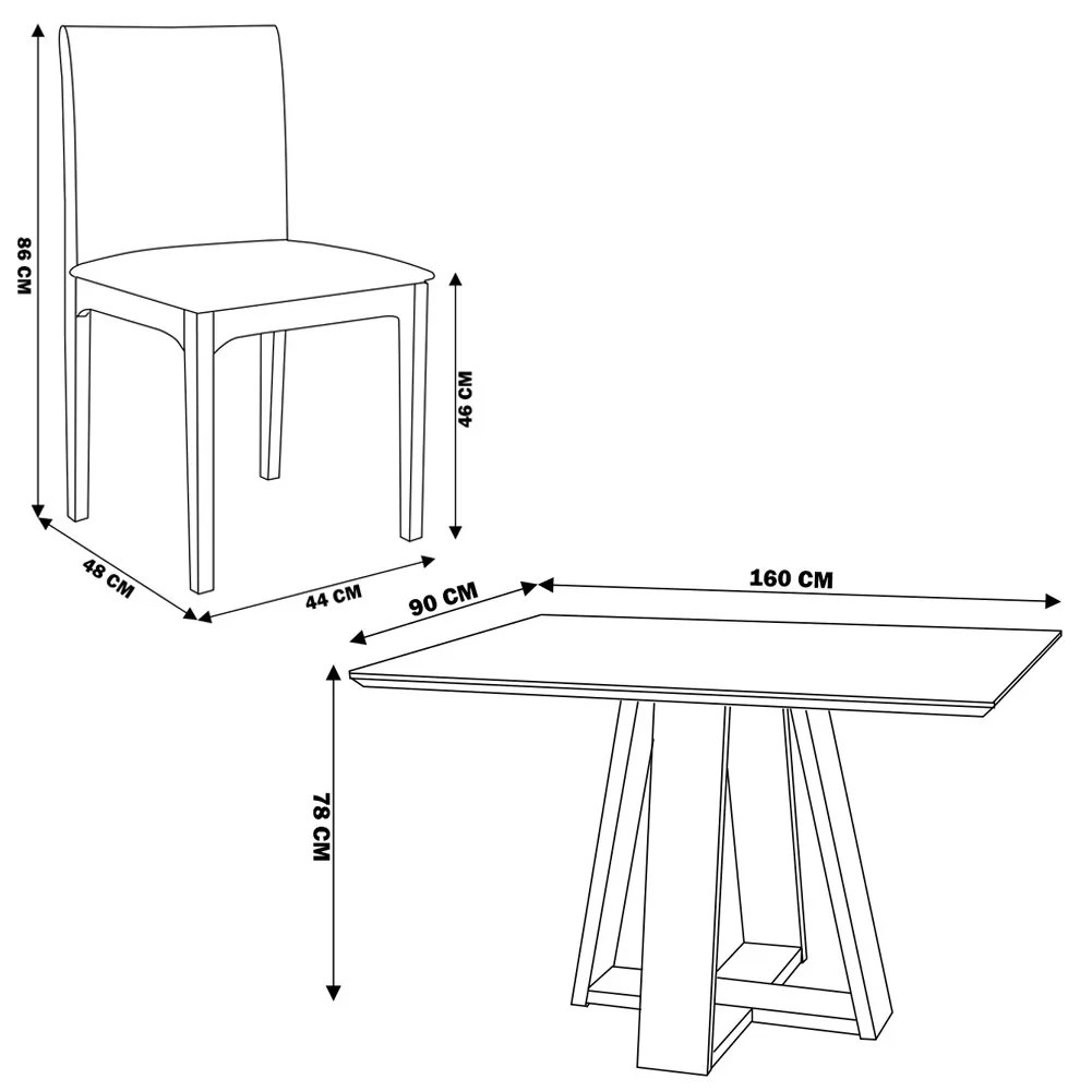 Conjunto Mesa Shell com Tampo de Vidro 160x90 cm e 6 Cadeiras Steve Amêndoa G55 - Gran Belo