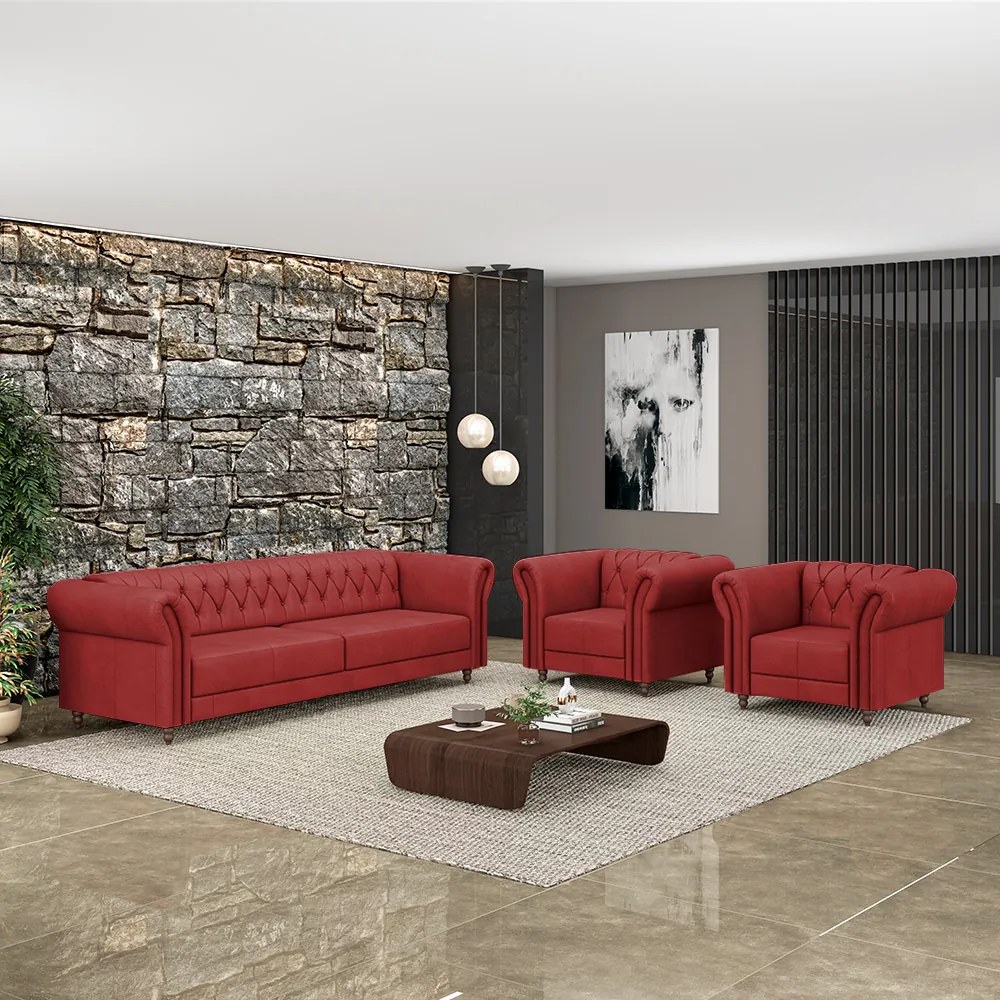 Conjunto Sala de Estar 1 Sofá Living 200cm e 2 Poltronas Stanford Chesterfield Pés Madeira Couro Vermelho G58 - Gran Belo