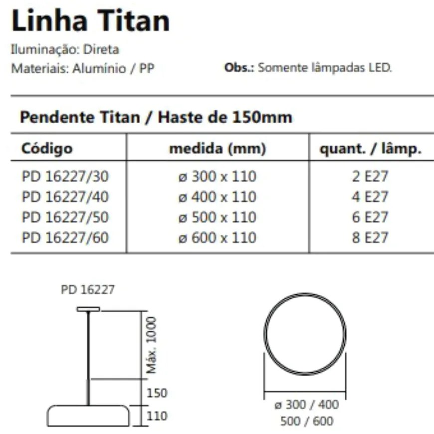 Pendente Titan Ø40X11Cm 4Xe27 Com Difusor Plano / Haste De 15Cm | Usin... (AV-M - Avelã Metálico)