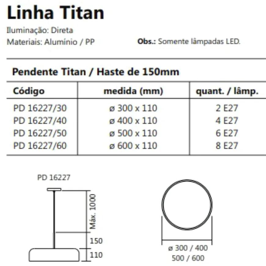 Pendente Titan Ø40X11Cm 4Xe27 Com Difusor Plano / Haste De 15Cm | Usin... (DR-V - Dourado Escovado)