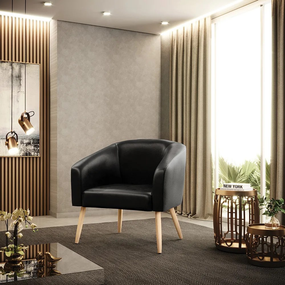 Poltrona Decorativa Pé Palito Natural Kit 2 Stella Sintético PU D03 - D'Rossi - Preto