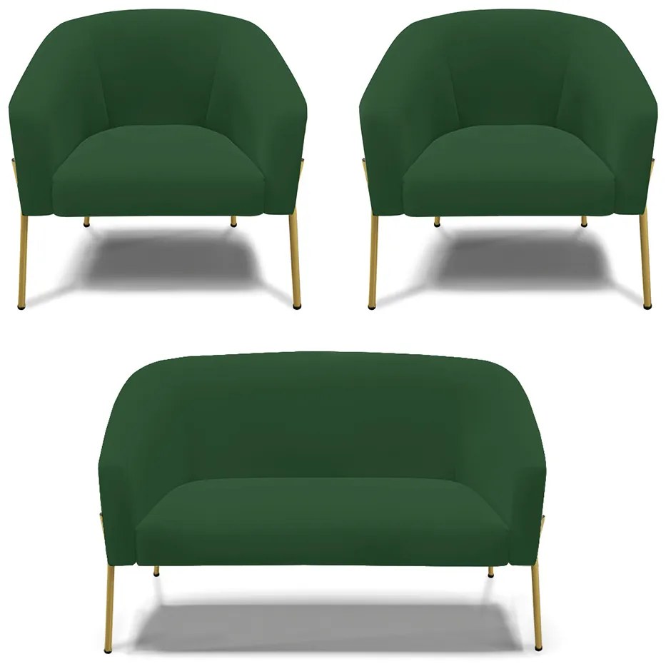Namoradeira e 2 Poltronas Pé de Ferro Dourado Stella Veludo Verde D03 - D'Rossi