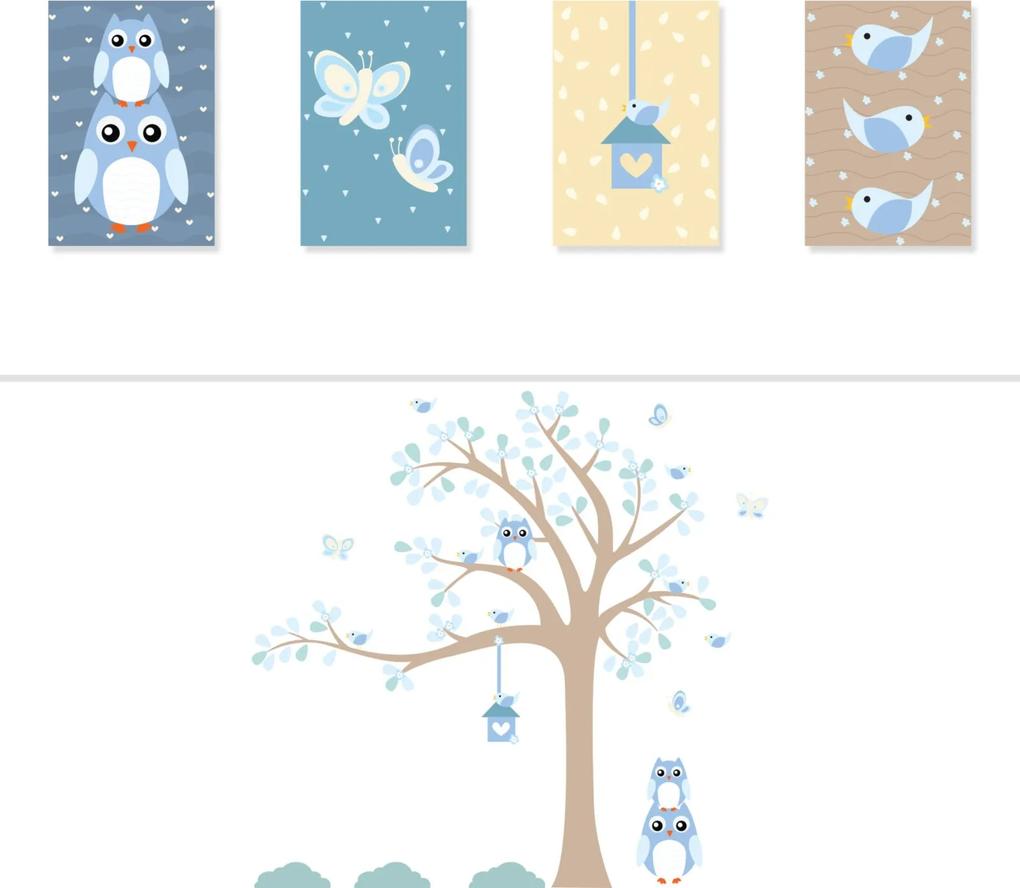 Adesivo de Parede Quartinhos Árvore Coruja Baby Azul e Placas Decorativas