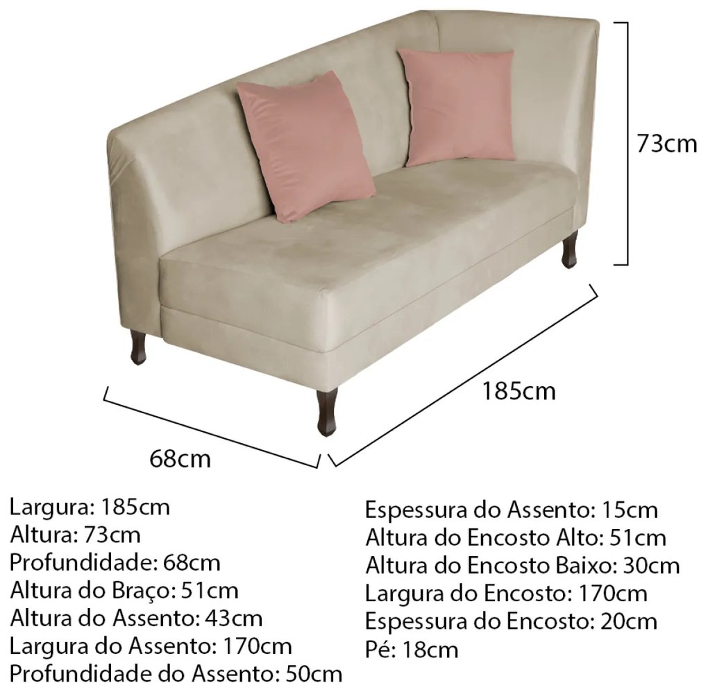 Divã Recamier Heitor 185cm com Almofada Lado Esquerdo Suede - ADJ Decor