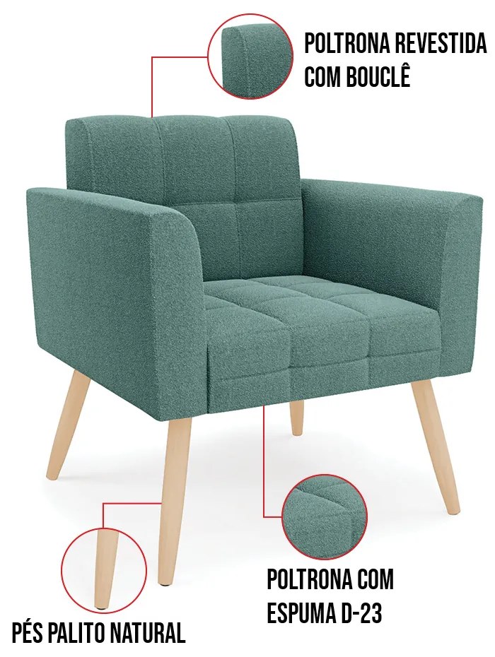 Namoradeira e 2 Poltronas Pé Palito Natural Elisa Bouclê Vd Menta D03 - D'Rossi