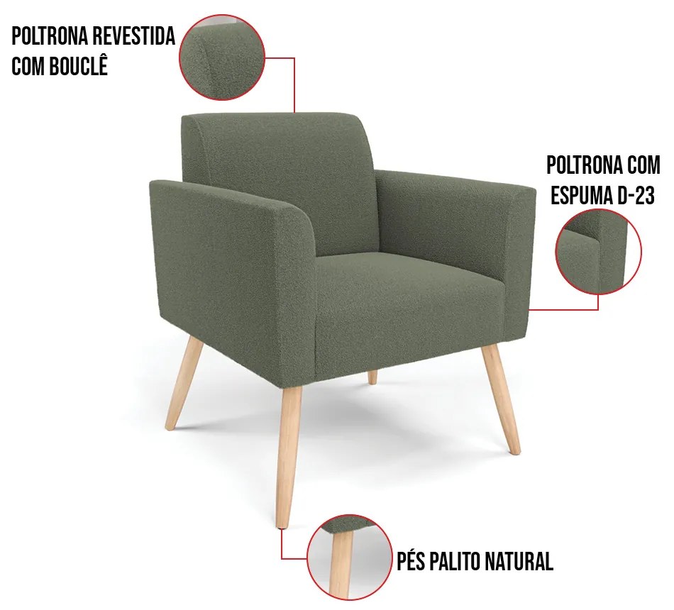 Namoradeira e 2 Poltronas Pé Palito Natural Marisa Bouclê Pistache D03 - D'Rossi