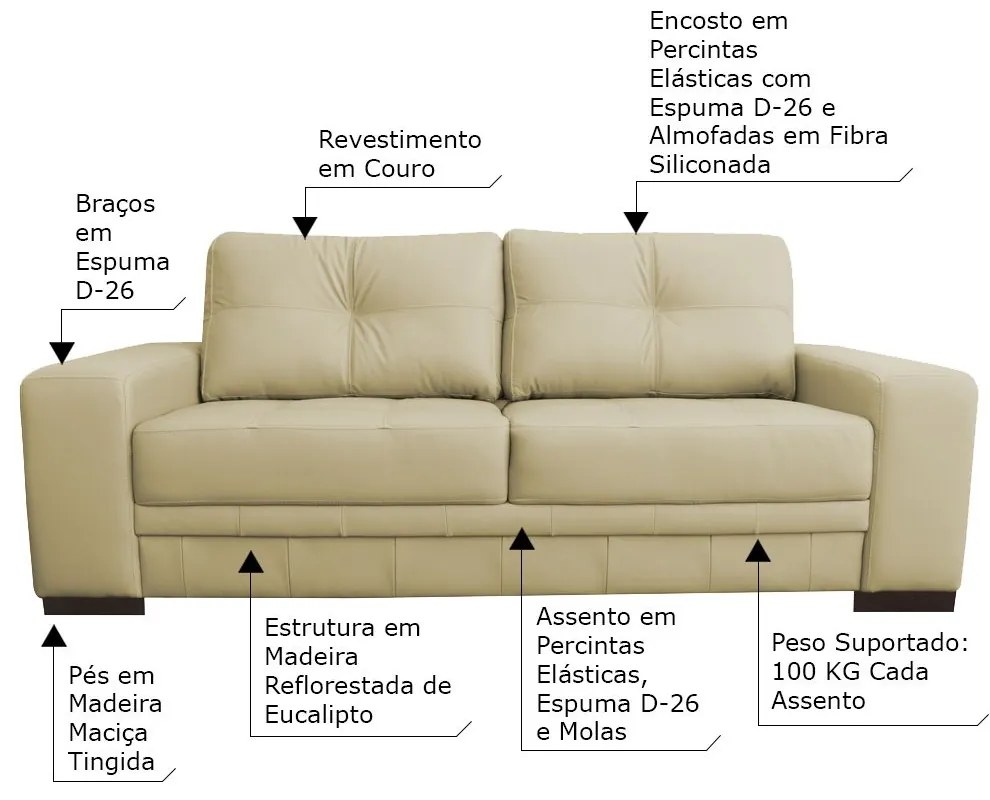 Sofá 3 Lugares Sala de Estar Milano 210cm Couro Bege G58 - Gran Belo