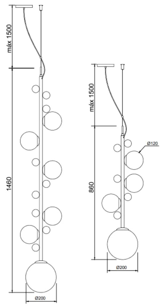 Pendente Aliança Ø20X146Cm 06Xg9 Globo 12Cm - Usina 90010/6 (CB-V - Cobre Escovado Verniz, Ambar)