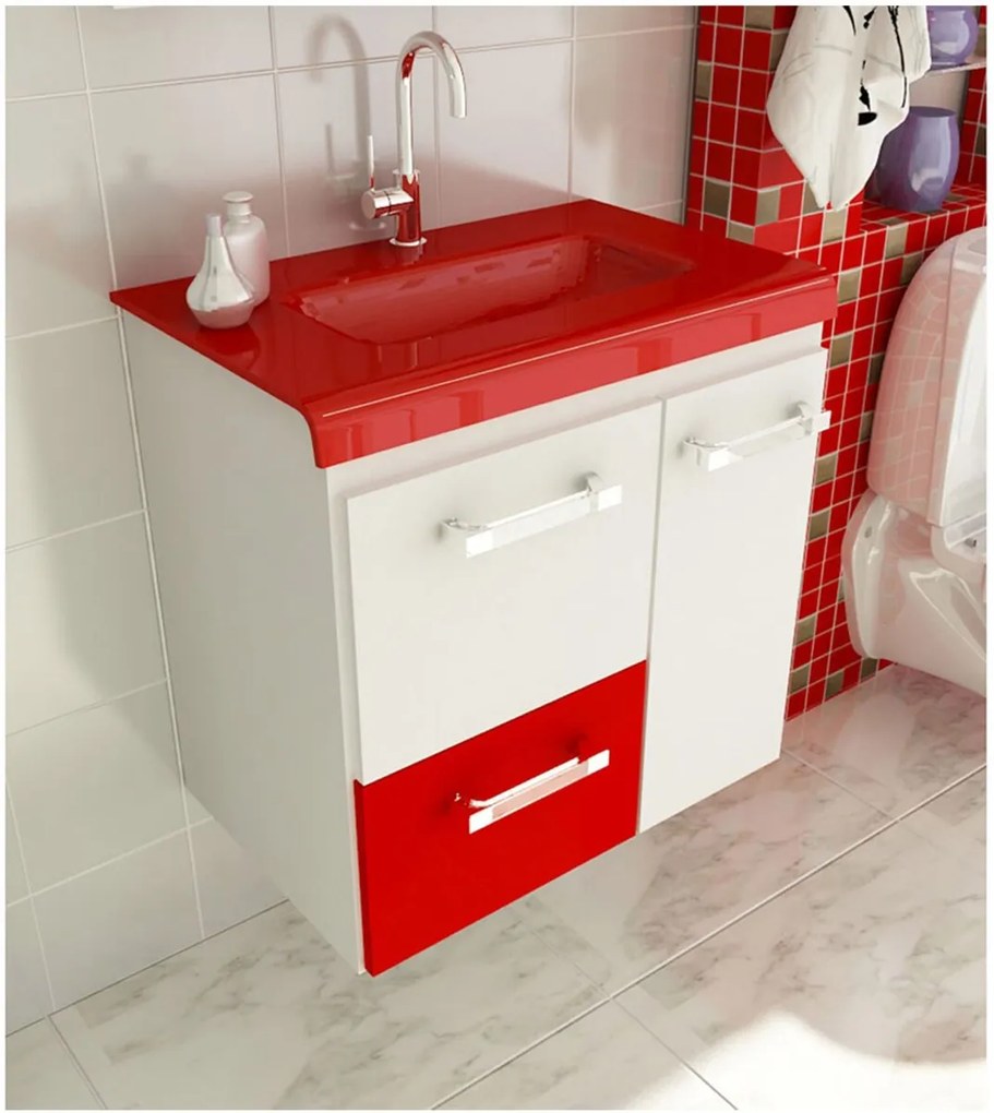 Gabinete para Banheiro 60 cm com 2 Peças Vetro 13 Branco e Vermelho Tomdo