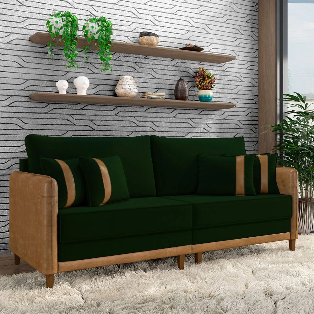 Sofá Living Montecarlo 2 Lugares Bipartido 212cm Pés em Madeira Veludo/PU Verde/Caramelo G33 - Gran Belo