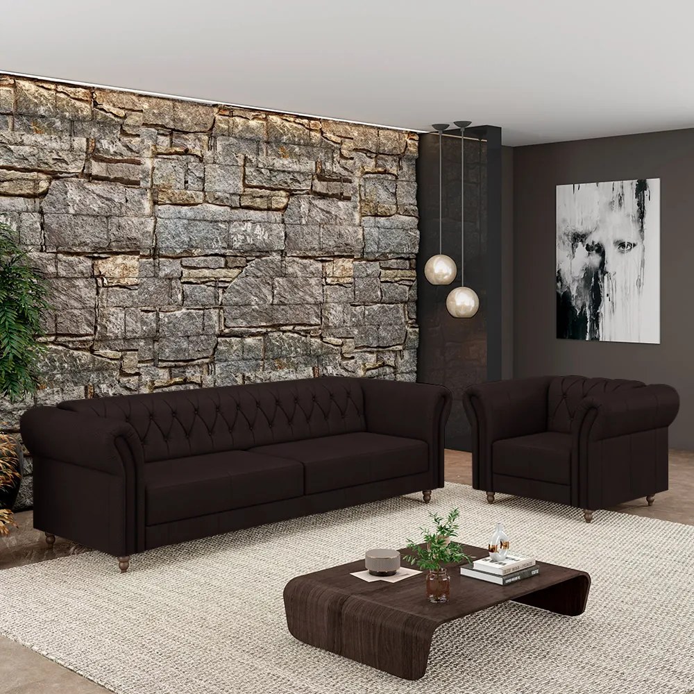 Conjunto Sala de Estar 1 Sofá Living 180cm e 1 Poltrona Stanford Chesterfield Pés Madeira Couro Marrom G58 - Gran Belo