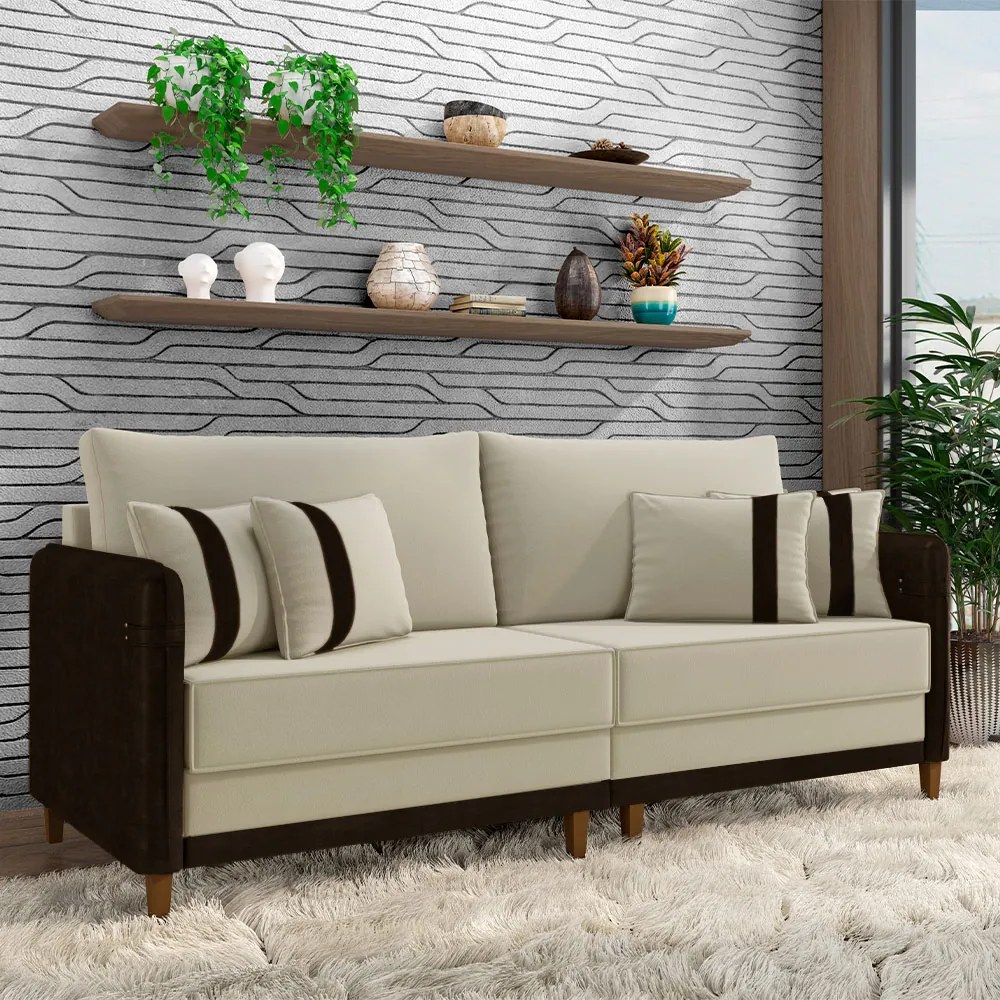 Sofá Living Montecarlo 2 Lugares Bipartido 212cm Pés em Madeira Veludo/PU Bege/Marrom G33 - Gran Belo