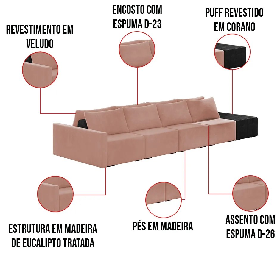 Sofá Ilha 4 Lugares Living 392cm Modulado Sala Lary Veludo/PU Pto K01 - D'Rossi - Rose