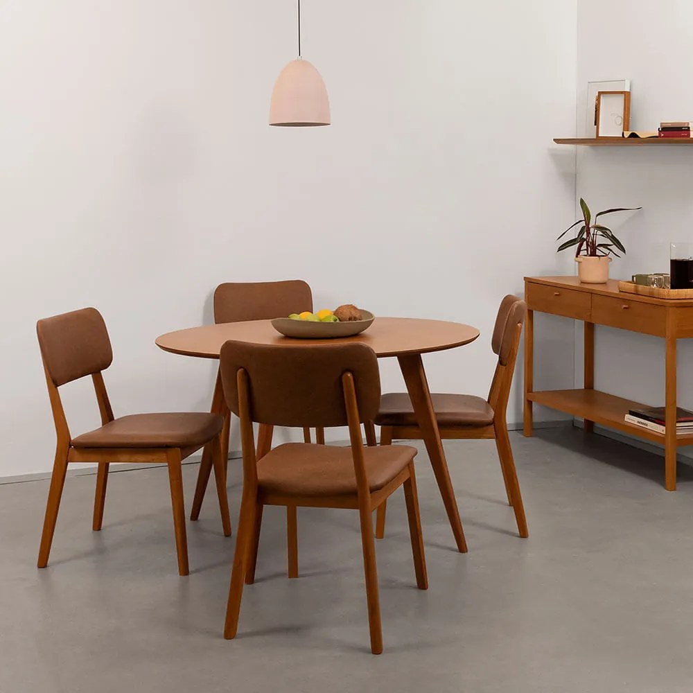 Conjunto Mesa de Jantar Square Laminada Redonda Natural - 1,18cm + 4 Cadeiras Lalá Estofada PU - Cognac