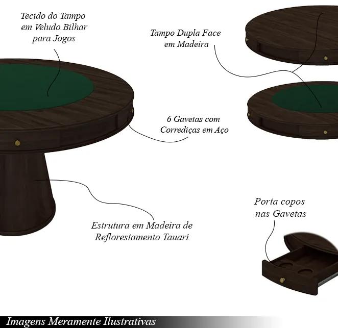 Conjunto Mesa de Jogos Carteado Bellagio Tampo Reversível Verde e 6 Cadeiras Madeira Poker Base Cone Linho Cinza/Capuccino G42 - Gran Belo