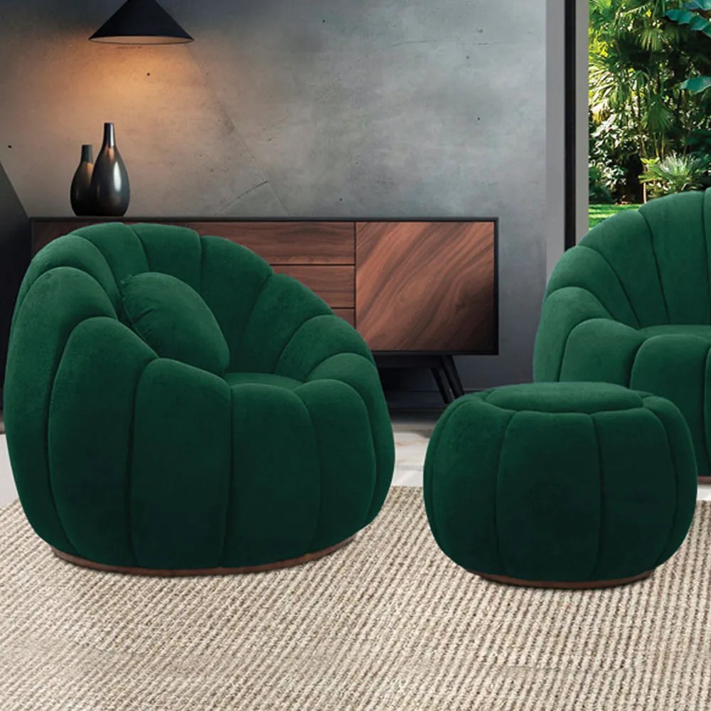 Poltrona Decorativa Orgânica Giratória com Puff Cloud Bouclê E03 - D'Rossi - Verde