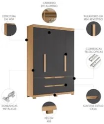 Guarda Roupa Solteiro 160cm 4 Portas Doble Freijó/Titanium - Albatroz