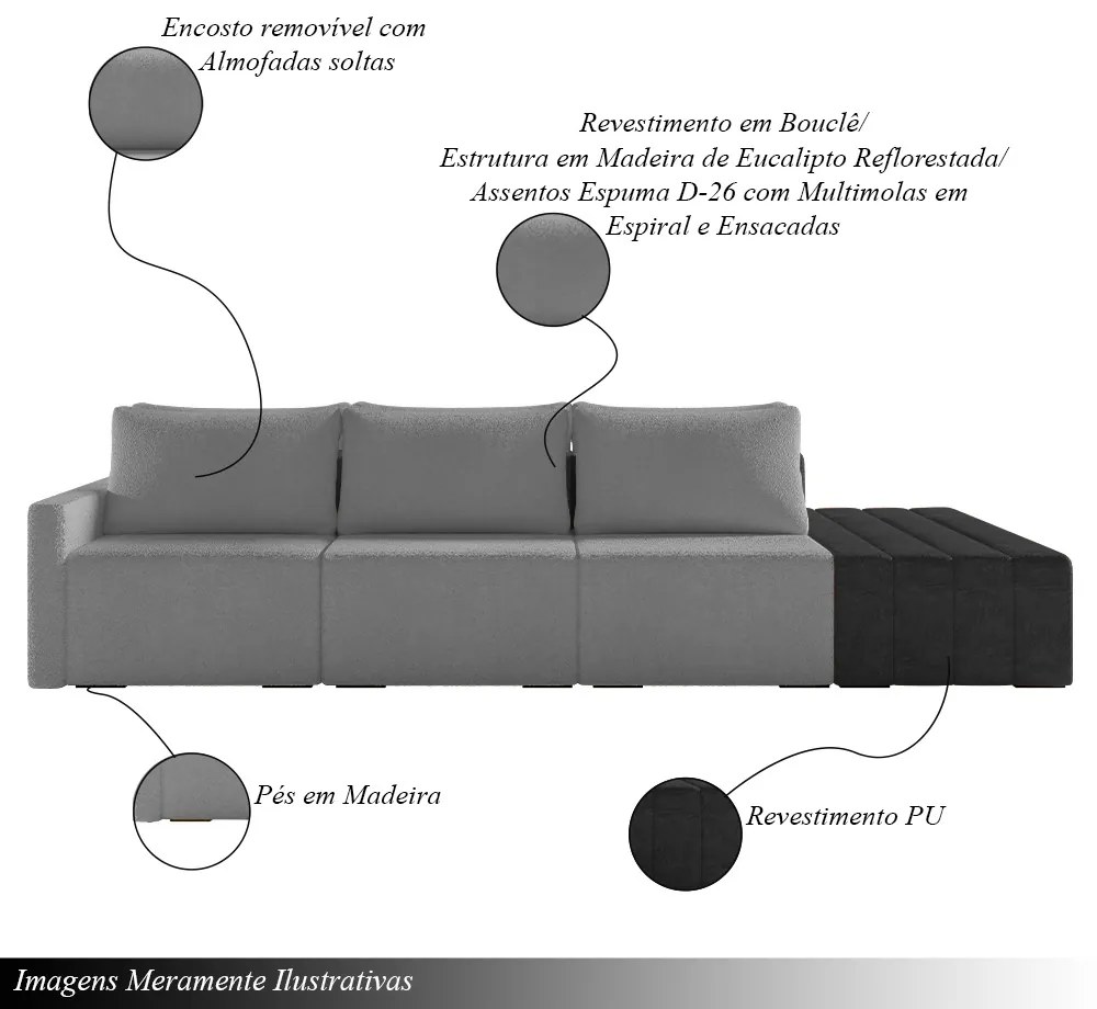 Sofá Ilha Modulado Milos 312cm Puff Lateral Cinza Escuro Preto Manchado Bouclê/PU G33 - Gran Belo