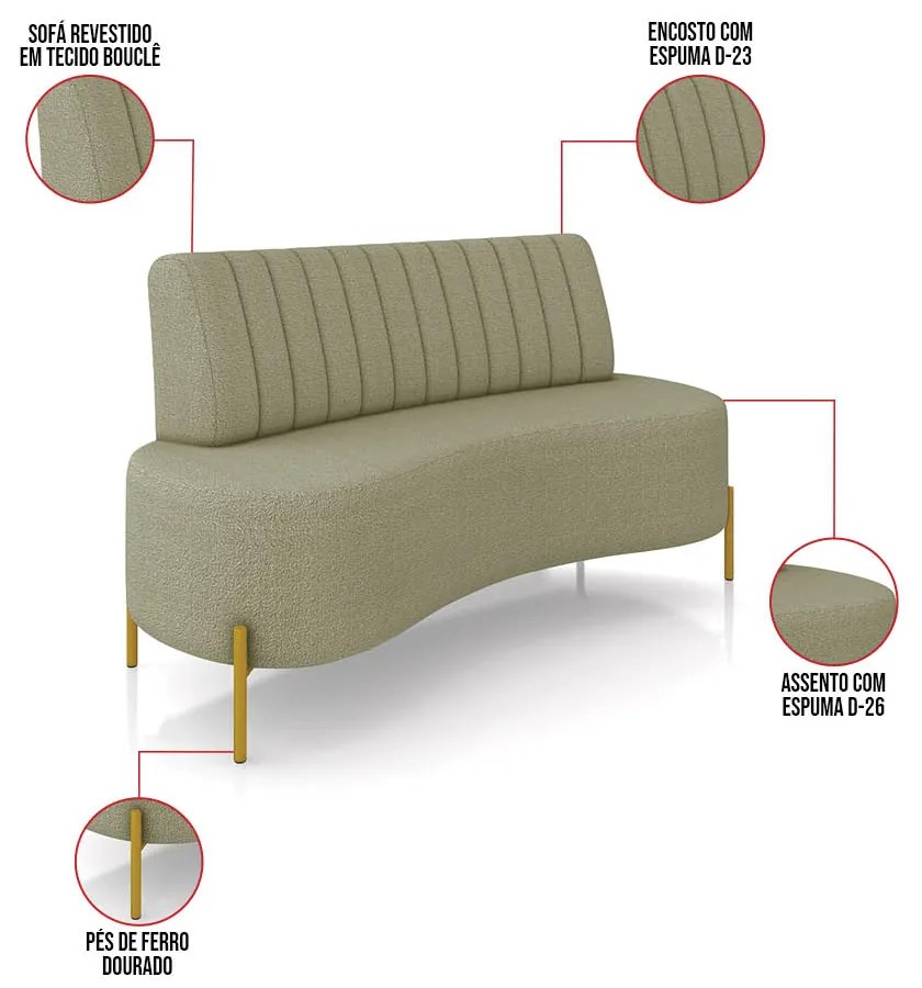 Sofá 2 Lugares Living 135cm Pé Ferro Dourado Maraú Bouclê Verde K01 - D'Rossi