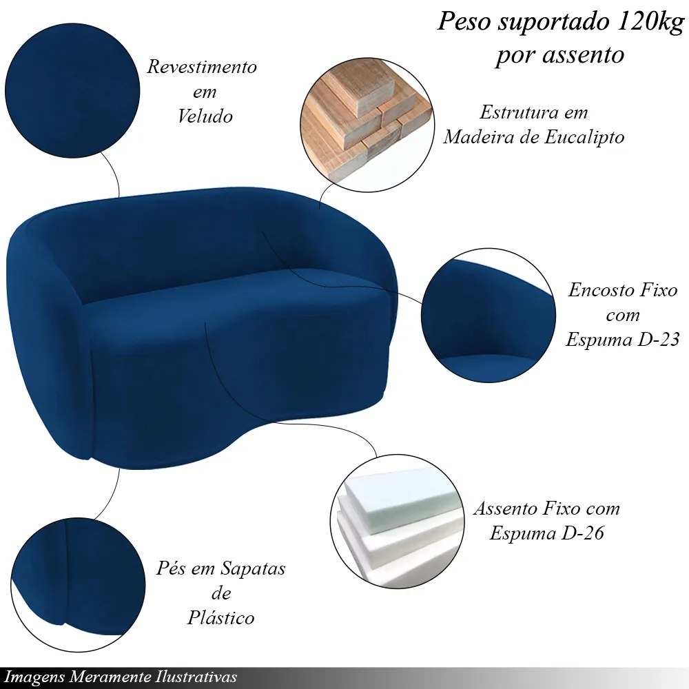 Conjunto 1 Sofá Living 180cm e 1 Poltrona Decorativa Sala de Estar Íbis Encosto Fixo Veludo Azul  Marinho G33 - Gran Belo