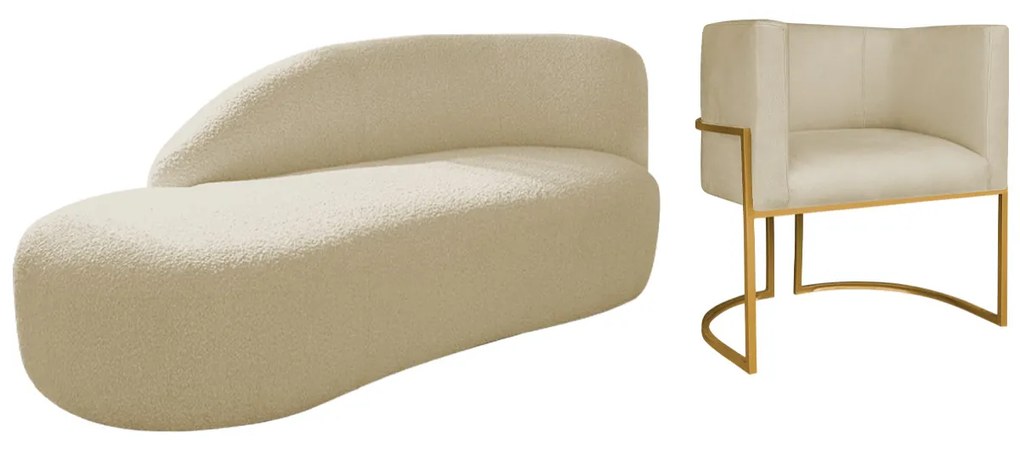 Kit Divã Luna 140cm Lado Esquerdo e 01 Poltrona Base de Ferro Dourado Suede