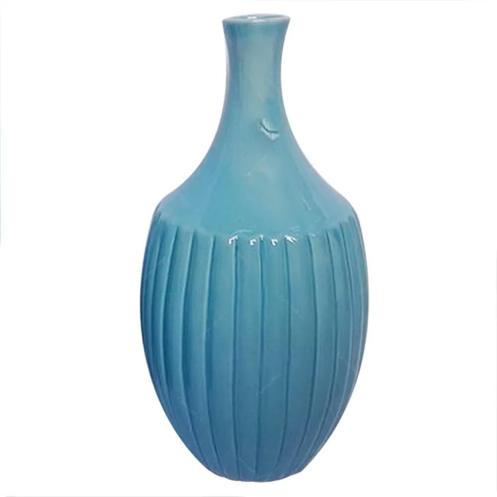 Vaso Pleat Azul Pequeno em Cerâmica - Urban - 29x14 cm