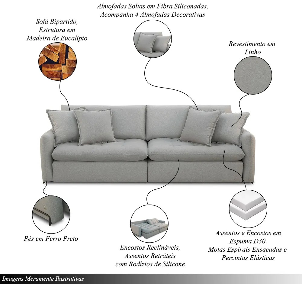 Sofá Cama Sala de Estar Bipartido 250cm Reclinável Retrátil Pés de Aço Preto com Almofadas Caixa Zero Chady Linho Cinza G93 - Gran Belo