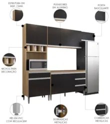 Cozinha Modulada 4 Peças Balcão sem Tampo 120cm Andréia Amêndoa/Preto