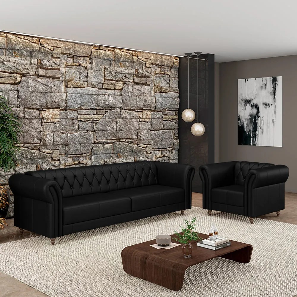 Conjunto Sala de Estar 1 Sofá Living 180cm e 1 Poltrona Stanford Chesterfield Pés Madeira Couro Preto Brilho G58 - Gran Belo