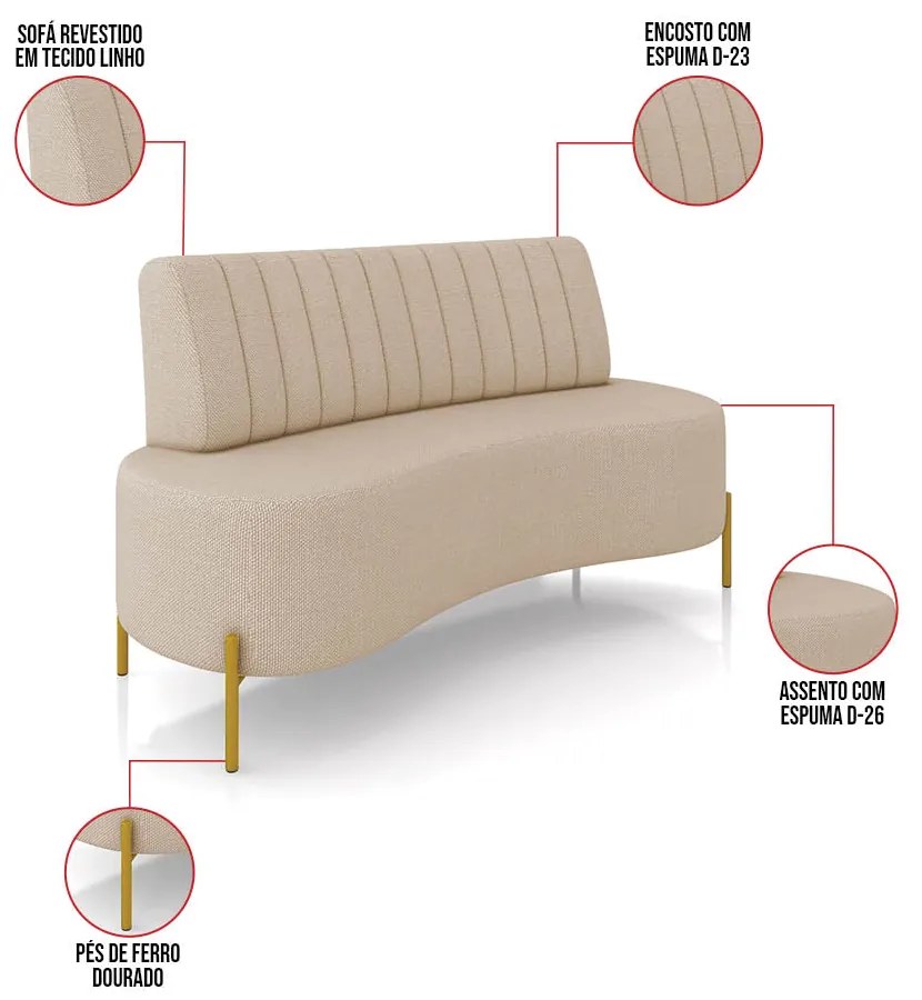 Sofá 2 Lugares Living 135cm Pé Ferro Dourado Maraú Linho K01 - D'Rossi - Bege