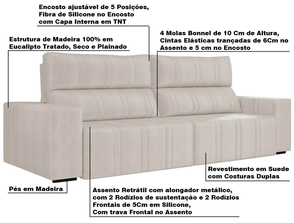 Sofá Retrátil 254 cm Sala de Estar Leonel Suede Bege G52 - Gran Belo