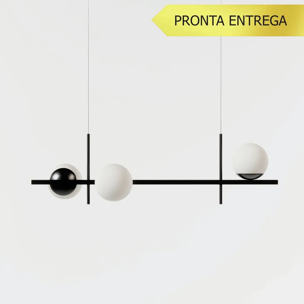 Pendente Marble Retângular 80X26Cm Alumínio E Globo Ø12Cm Fosco 3Xg9 -... (PRETO, FOSCO)