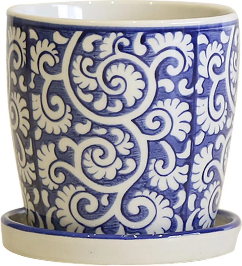 Cachepot em Porcelana com Prato Floral Arabesco Azul e Branco D10cm x A10cm