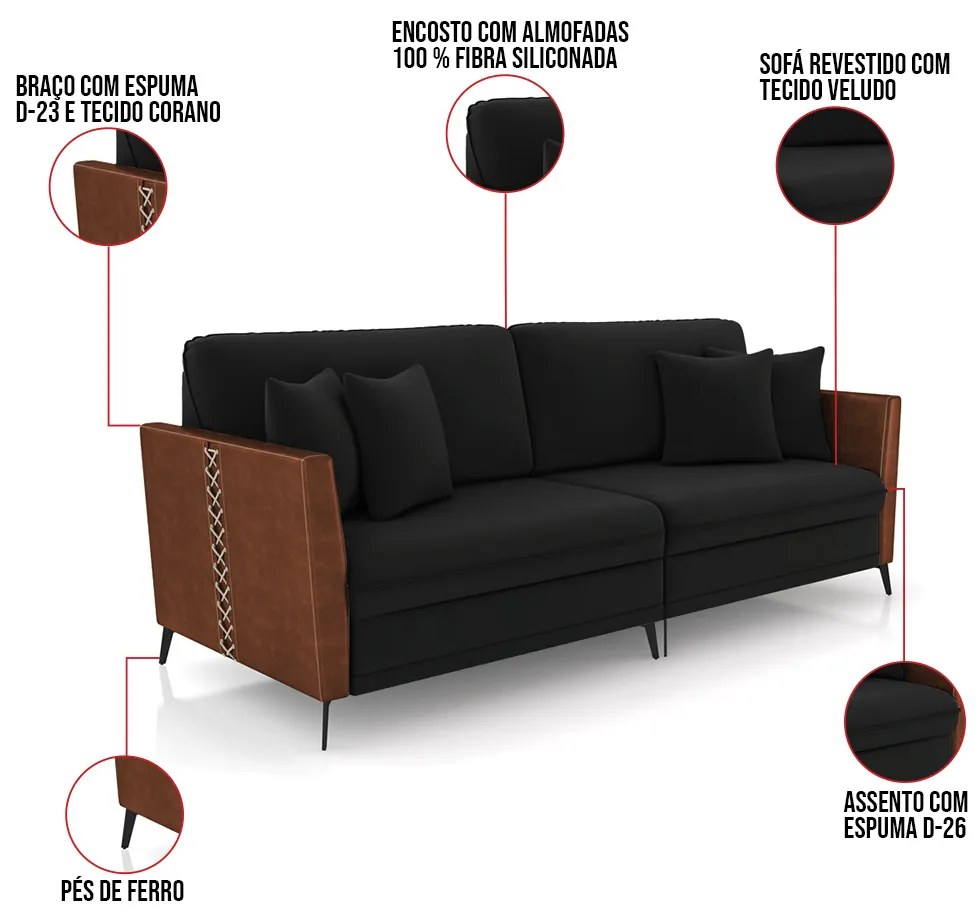 Sofá 2 Lugares Living 182cm Mondaí Sintético Marrom/Veludo Preto K01 - D'Rossi