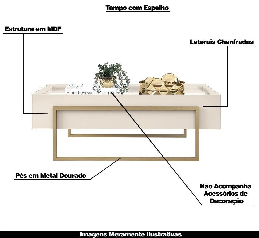 Mesa de Centro Decorativa com Espelho no Tampo Jasper Off White/Dourado G18 - Gran Belo