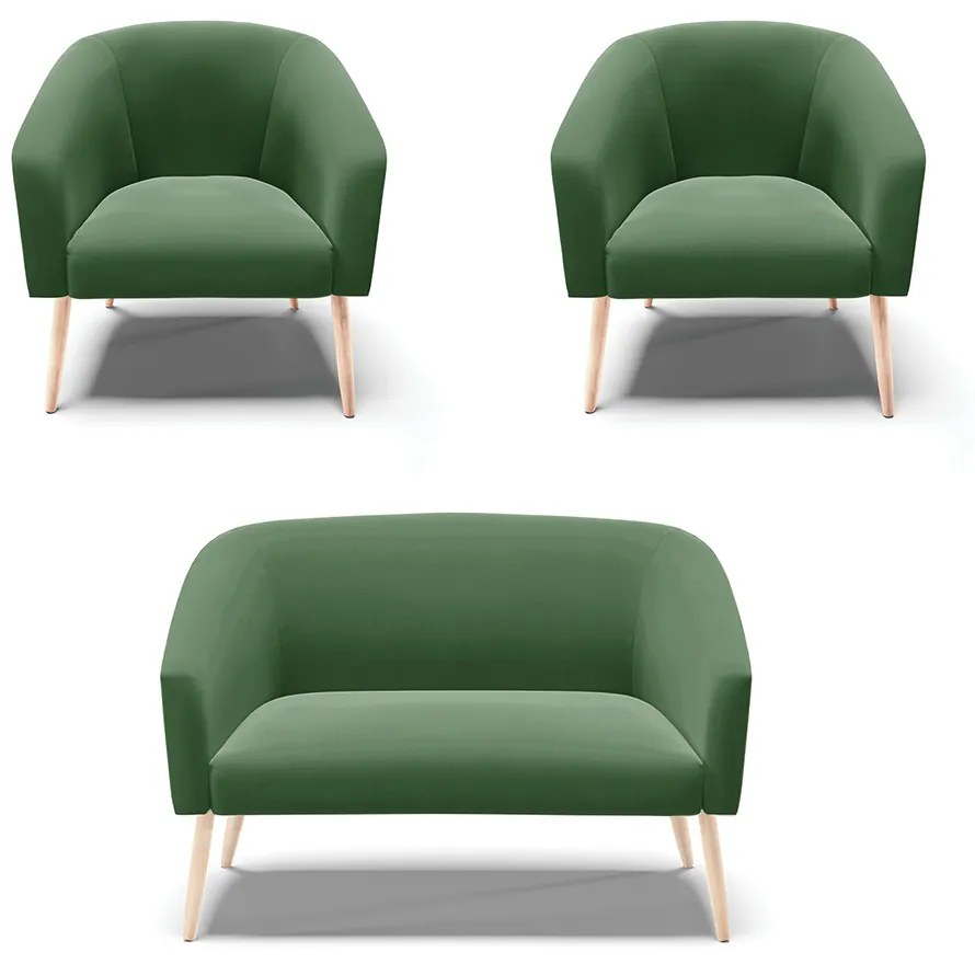 Namoradeira e 2 Poltronas Pé Palito Natural Stella Suede Verde D03 - D'Rossi