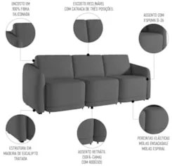 Sofá Cama Casal para Sala 246cm Polska Z08 Linho Cinza Escuro - Mpozen