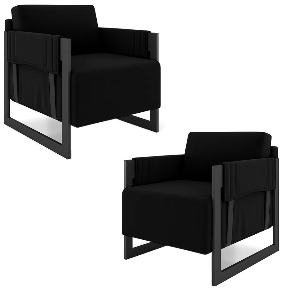 Kit 2 Poltronas Decorativa Sala de Estar Moria Base em Ferro Veludo Preto G33 - Gran Belo