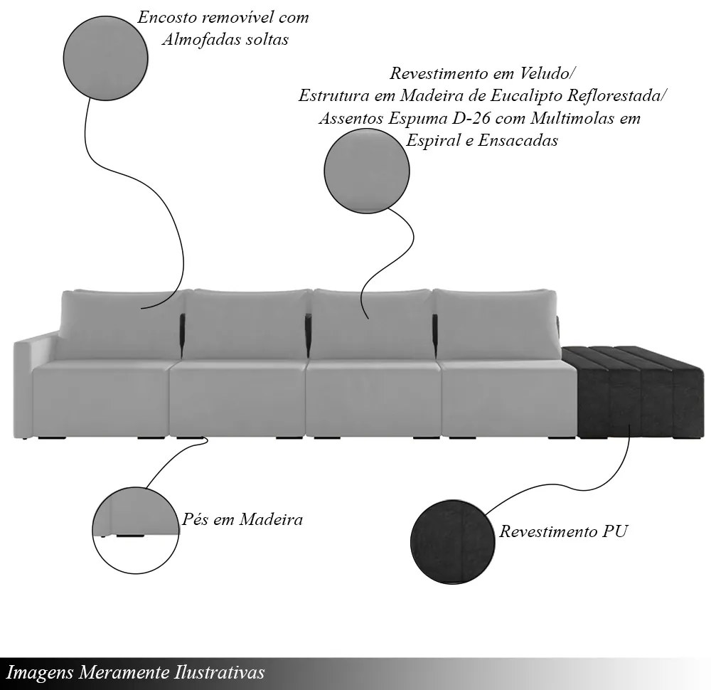 Sofá Ilha Modulado Milos 432cm Puff Lateral Cinza Preto Manchado Veludo/PU G33 - Gran Belo