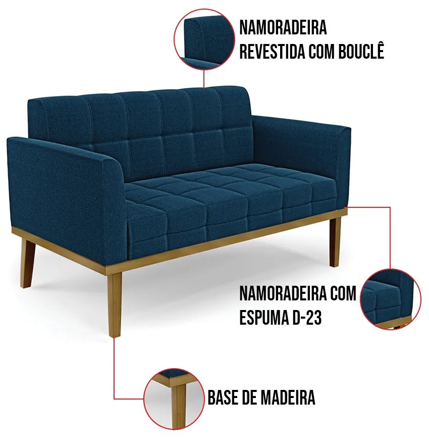 Sofá Namoradeira Base Madeira Fixa Castanho Elisa Bouclê D03 - D'Rossi - Azul