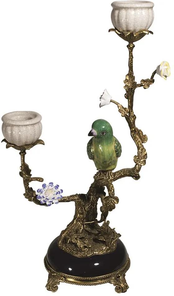 Castiçal Pássaro Verde em Porcelana e Bronze