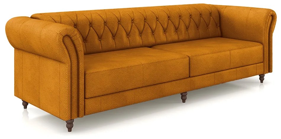 Sofá Living Sala de Estar Stanford Chesterfield 3 Lugares 260cm Pés de Madeira Couro Mel G58 - Gran Belo