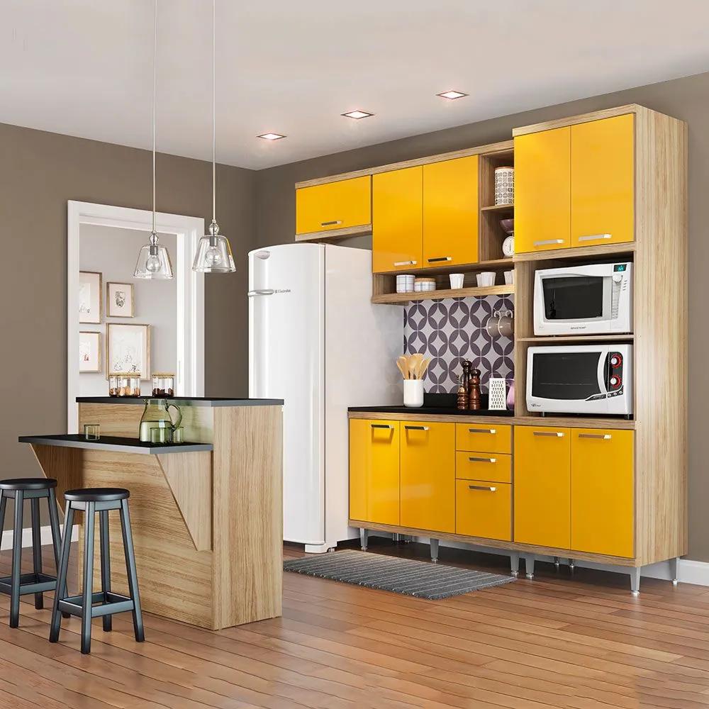 Cozinha Compacta Sicília com Tampo 11 Portas 3 Gavetas Argila/Amarelo - Multimóveis