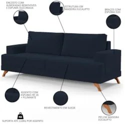 Sofá 3 Lugares 200cm Living Pés Curvos Santi D05 Suede Azul - Mpozenat