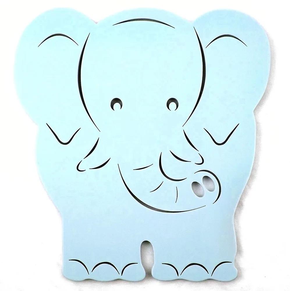 Placa Elefante Azul Bebê - Tema Infantil -  MDF Vazado - 30x31 cm