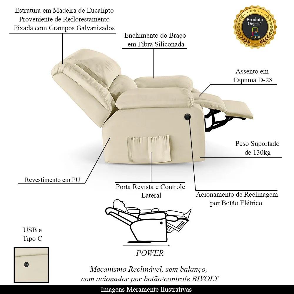 Poltrona do Papai Reclinável Melim Controle Power Elétrico USB Sintético PU F FH1 - D'Rossi - Bege